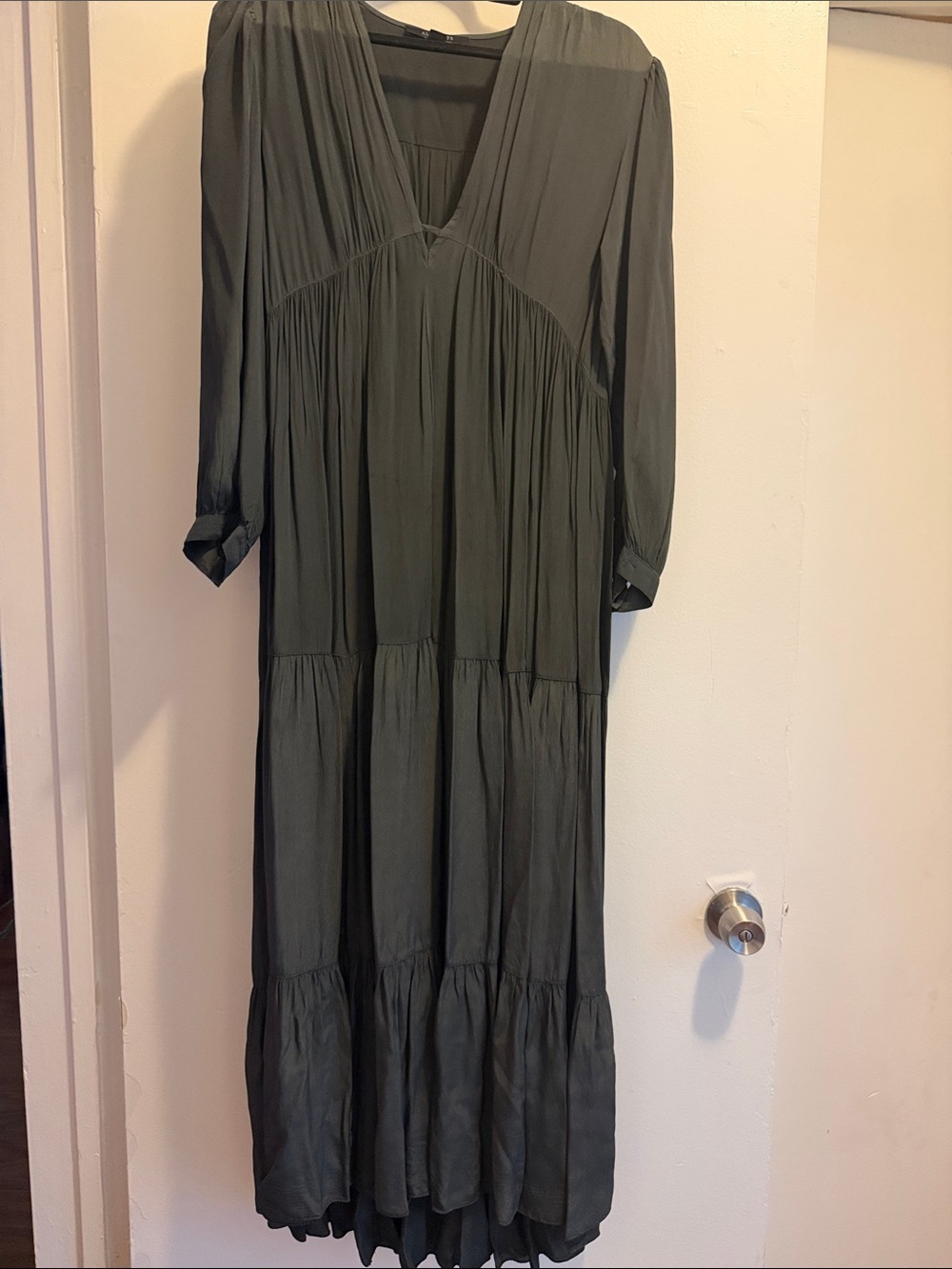 AllSaints Olive Green Long Tiered V-Neck Maxi Dress